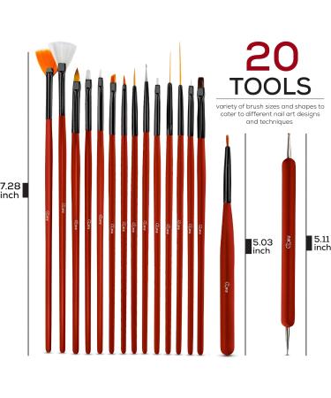 Glow 20 Piece Nail Art Brushes and Dotting Tools Kit - Premium Quality, Wooden Handle, Red Color - Ideal for Beginners & Professionals - Buy Online on GoSupps.com