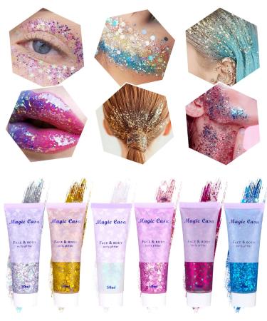 Tidevan 6 piece body glitter gel glitter glitter glitter body chunky glitter liquid long-lasting glitter for festival makeup for face hair lips nail make-up cosmetics festival party silver+gold+pink+white+red+blue