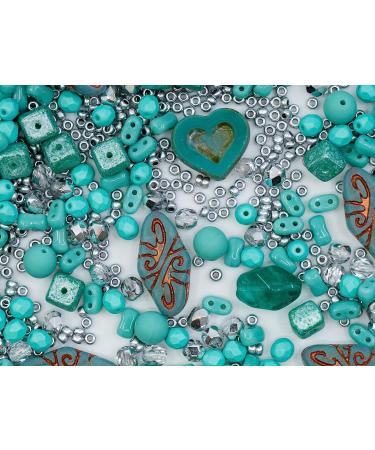2.3 oz Czech Bohemia Glass Pressed Beads Mix - Turquoise Green Copper Crystal Silver - Handmade - Buy Online on GoSupps.com