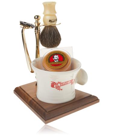 Colonel Conk Model 239 5-Piece Apothecary Mug Shave Set with Gold Tone and Wood Stand Mixed Badger Brush Super Bar and Gold Tone Razor