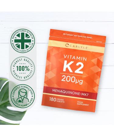 Vitamin K2 MK7 200ug | 180 Vegan Tablets for Blood Clotting & Bone Support | Vegetarian & Vegan-Friendly | Carlyle - Buy Online on GoSupps.com