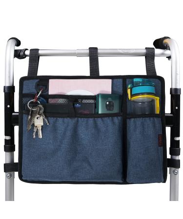 BVMAG Walker Bag Pouch Basket with Cup Holder Armrest Attachments Hand Free Storage Bags Waterproof for Folding Rollator Accessories Suit for Elderly Seniors Handicap Disabled (Blue)