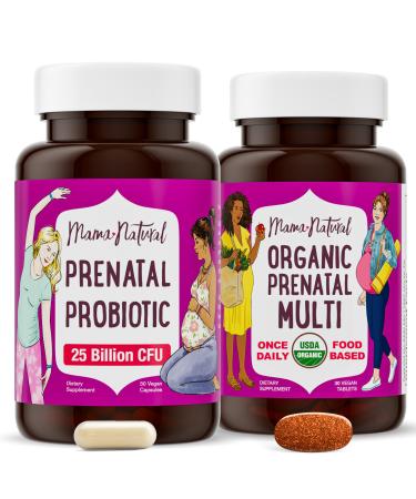 Mama Natural Prenatal Bundle Organic prenatal Vitamins for Women + Purposefully Selected Probiotics for Pregnancy & Postpartum Wellness - Just 2 Pills a Day - Vegan & Non-GMO (30 Day Supply)