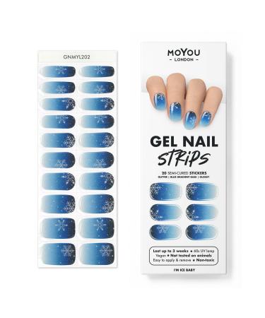 Moyou London Half -hardened UV Gel Strips - 20 pieces - Gel -nail films UV hardening for manicure in salon quality - set with nail file & wood -nail shaft sticks - I'm ice baby