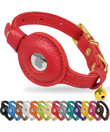 Oopsdoggy Airtag cat neck band made of leather with bells not tearable with Apple Airtag holder light GPS pet collar for girls boys cats small dogs puppies (red)