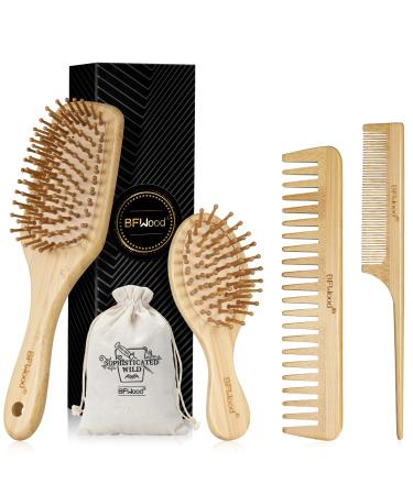 BFWood Bamboo Hair Brush and Combs Set  Eco-Friendly Wooden Hair Brushes Set for All Hair Types
