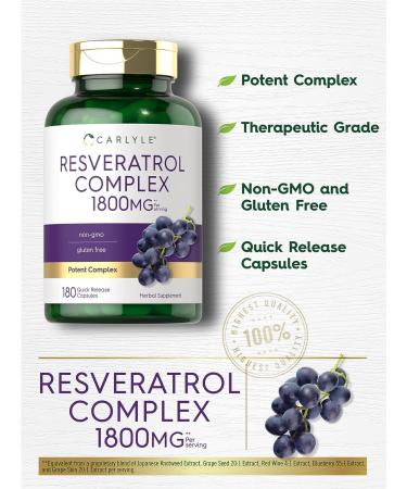 Carlyle Resveratrol 1800mg Supplement | 180 Capsules | Non-GMO & Gluten Free | Potent Complex - Buy Online on GoSupps.com