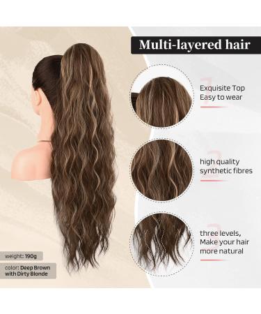FLUFYMOOZ 26 Inch Drawstring Ponytail Extension - Long Curly Wavy Hairpiece for Women, Deep Brown with Dirty Blonde - Natural Synthetic Hair - Buy Online on GoSupps.com