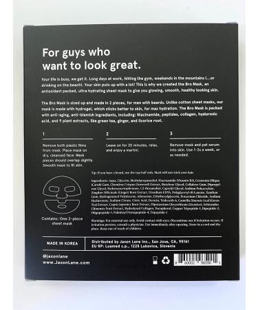 Jaxon Lane BRO MASK for Men | 2 Pc. Hydrating Anti Aging Sheet Masks with Vitamin C, E, Hyaluronic Acid & Collagen (4 Pack) - Face Care & Acne Treatment - Buy Online on GoSupps.com
