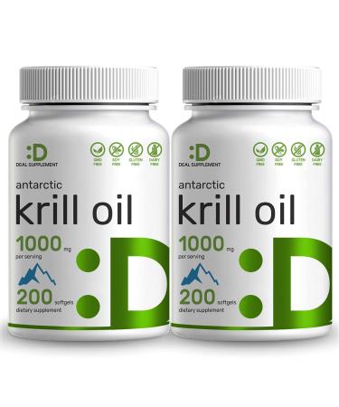 2 Pack of Antarctic Krill Oil Supplement 1000mg, 200 Softgels, High Potency | Mercury Free | Rich in Omega-3s, EPA, DHA, Astaxanthin & Phospholipids, Non-GMO, No Gluten