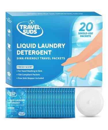 TravelSuds Laundry Detergent Sink Packets (20 pack) | Travel Laundry Detergent for Hand Washing in the Sink Includes Free Sink Stopper | Pack of 20