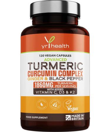 Turmeric Capsules High Strength 1860mg with Black Pepper Ginger Vitamin C & D for Immune System & Joints Plus K2 Mk7-120 Vegan Capsules Premium Turmeric Curcumin Made in The UK by YrHealth