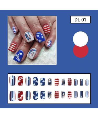 4th of July Short Square Press on Nails - Red, Blue, White Star & Skull Designs - 24Pcs - Buy Online on GoSupps.com
