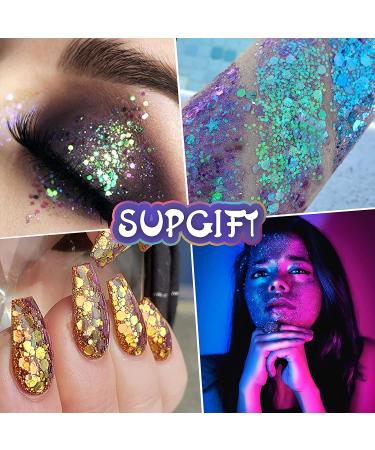 Body Glitter SUPGIFT 130g Holographic Chunky Cosmetic Chameleon Sequins - 15 Colors for Makeup, Hair, Nail Art, Slime, Craft, Resin - Includes Brush and 5 Spoons - Buy Online on GoSupps.com
