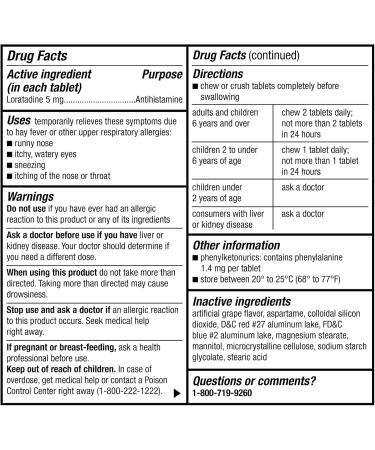 Children's Allergy Relief Loratadine Chewable Tablets 5 mg 24 Hour Allergy Medicine Non-Drowsy Antihistamine Grape Flavor - Buy Online on GoSupps.com