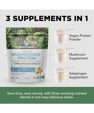 PlantFusion Mushroom Protein Powder - 3 in 1 Vegan Protein Powder Mushroom Supplement and Adaptogen Supplement - Support Mental Focus Immunity and Recovery - Vanilla 1lb Vanilla 16 Ounce (Pack of 1) - Buy Online on GoSupps.com