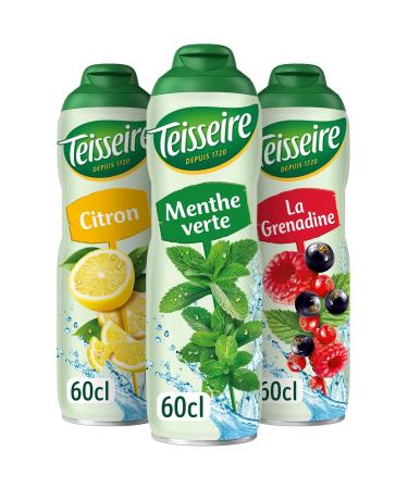 Set of 3 Teisseire Syrups (Mint Lemon Grenadine) for Refreshing Drinks Cocktails Recyclable Bottle 3 x 60 cl