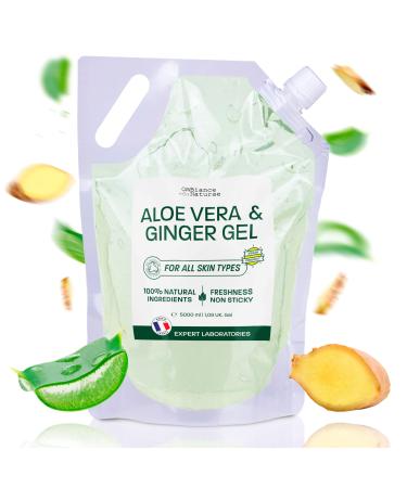 Made in France Aloe Vera & Ginger Gel Moisturizing Refreshing and Firming With Fresh Organic Aloe Leaves Spain For Face Body & Hair After Sun Shaving Tired Legs 2000 ml 5 kg 1er Pack