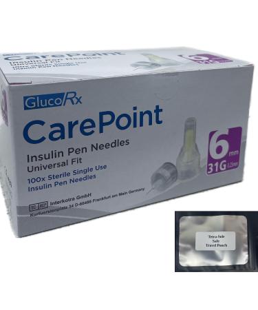 Glucorx Carepoint Diabetic Insulin Pen Tips 4mmx31G 5mmx31G 6mmx31G 8mmx31G 12mmx29G + FREE Tetra-Sole Travel Pouch (6mm 31G)