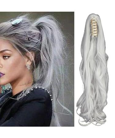 FXYTK Claw on Ponytail Clip in Ponytail Hair Extensions Hair Piece Clip on Pony Tail Hair Extension Claw Jaw Ponytail Extensions 18" Curly Silver Grey 18 Inch-Curly Silver Grey-18" Curly