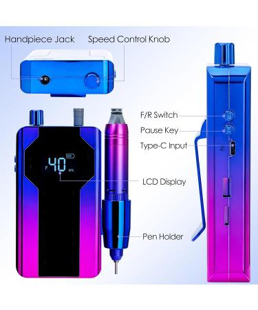 Delanie 40000 RPM Electric Nail Drill E File Rechargeable Portable with 8 Bits for Nail Polish Acrylic Gel Electric Nail File Professional Perfect Gift for Nail Lover-Blue-Violet - Buy Online on GoSupps.com