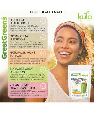 GreatGreens Organic Greens Superfood Powder - 150g - 36 Raw Soil Association Certified Organic Food Form Ingredients - Nutritious Organic Greens Supplement - High Fibre Daily Greens Smoothie Drink - Buy Online on GoSupps.com