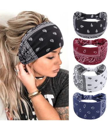 QUEXIAOMIN Wide Headbands for Women Black Stylish Head Wraps Boho Thick Hairbands Large African Sport Yoga Turban Headband Hair Accessories 4 Color Pack E