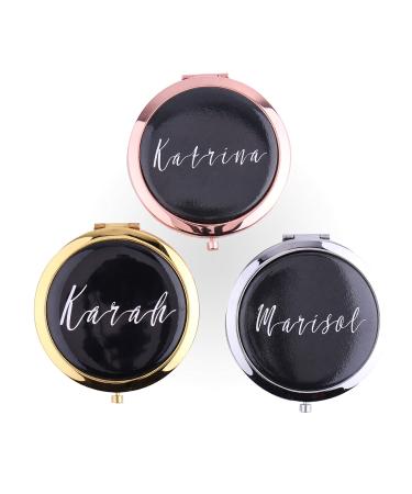 wadbeev Set of 5-10  Rose Gold Compact Mirrors Your Personalized Text Black White Makeup Pocket Mirrors Bachelorette Hen Party Gifts