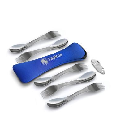 Tapirus 5 Spork Of Steel Utensils Set | Durable & Rust Proof Stainless Steel | Spoon, Fork & Knife Flatware | For Camping, Fishing, Hunting & Outdoor Activities | With Bottle Opener & Carrying Case