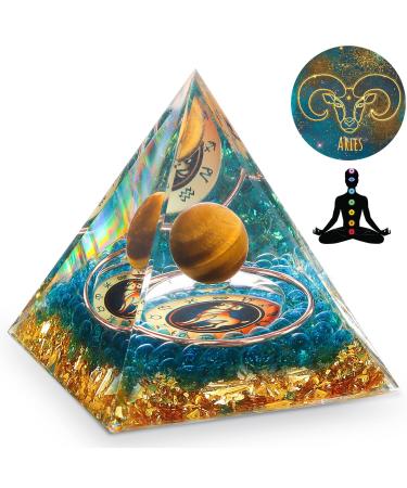 HuiJuKeJi Healing Crystals Aries Orgonit Pyramid Constellation Gifts - 12 Zodiac Constellations & Tiger Eye Stone Crystal Pyramid Birthstone for Astrology Energy Healing Chakra Meditation 6cm -Aries