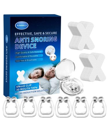 Anti Snoring Devices-Aawwlo Silicone Magnetic Snore Stopper-Nose Clip (6pcs) & Mouth Tape(30pcs)-Comfortable and Effective to Stop Snoring