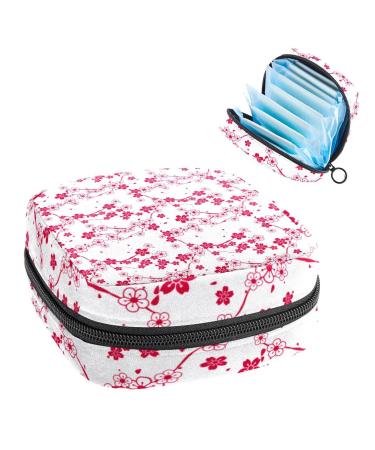 Fresh Red Cherry Blossom Pattern Sanitary Napkin Storage Bag Feminine Menstrual Cup Pouches Nursing Pad Holder Tampon Bags Portable Period Bag for Women Teen Girls 1Pcs Multi-colored 5