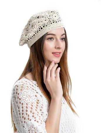 ZLYC Handmade Cotton Slouchy Crochet Beret with Cutout Floral Design - Plain Beige Women's Beanie Hat - Buy Online on GoSupps.com