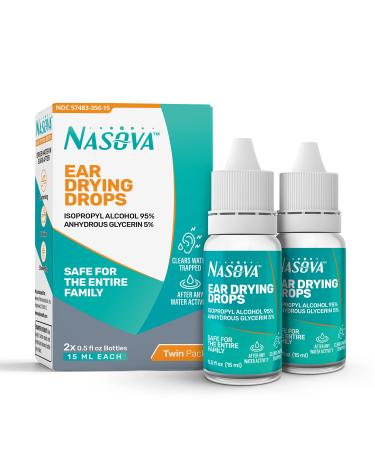 Nasova Swimmer's Ear Drying Drops for Adults & Kids, Twin Pack  2X 0.5 fl oz Bottles (15 ml Each) Clear Trapped Water After Any Water Activity, Relief for Water Clogged Ears