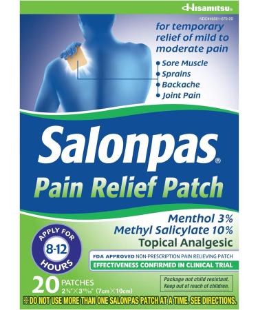 Salonpas Pain Relieving Patch 20 Count - 12 Hour Relief for Back, Neck, Shoulder, Knee Pain - Buy Online on GoSupps.com