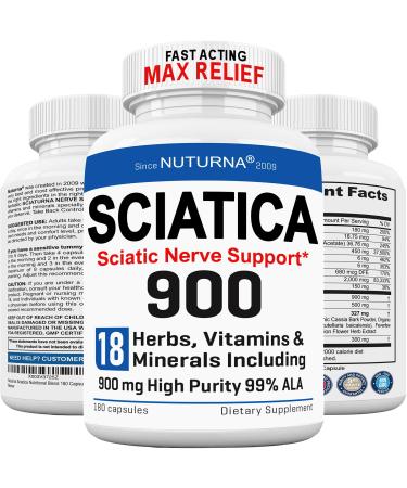 Sciatica Nerve Support Supplement with 900 mg HP-99 Alpha Lipoic Acid Formula - Max Strength ALA for Feet Hands Fingers Legs - Ultra Potent 18 in 1 Natural Peripheral Nerve Vitamins - 180 Capsules 180 Count (Pack of 1)
