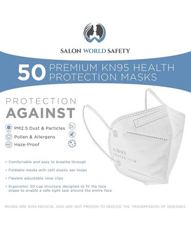 Salon World Safety KN95 Protective Masks - Box of 50 | 95% Filter Efficiency | 5-Layer Non-Woven Fabric | Safe & Easy Breathing | White - Buy Online on GoSupps.com