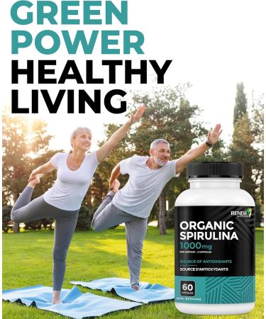 Renew Actives Organic Spirulina 1000MG per 2 Capsules Superfood for Men & Women Supports Energy, Wellness & Immune Function Rich in Antioxidants & Nutrients Made in Canada 60 Capsules - Buy Online on GoSupps.com
