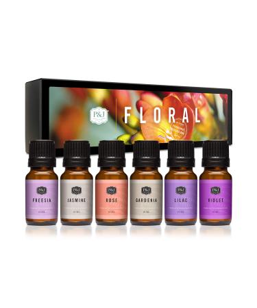 Floral Set of 6 Premium Grade Fragrance Oils - Violet, Jasmine, Rose, Lilac, Freesia, Gardenia - 10ml