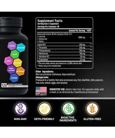 Shop Essential Amino Acids for Muscle Growth - Vegan BCAA Supplement for Men & Women | 120 Capsules - Advanced Workout Power & Recovery - Buy Online on GoSupps.com