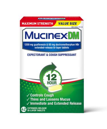 Cough Suppressant and Expectorant,Mucinex DM Maximum Strength 12 HourTablets 42ct, 1200 mg Guaifenesin,Relieves Chest Congestion,Quiets Wet and Dry Cough,#1Doctor Recommended OTC expectorant Max Strength