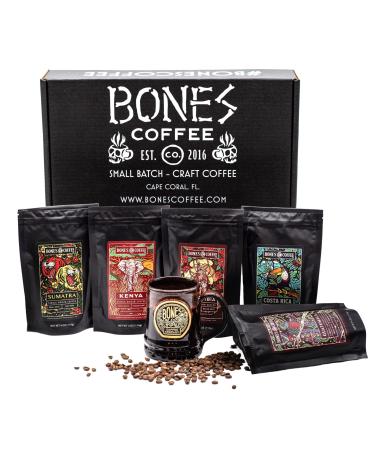 Bones Coffee Company World Tour Sample Pack with specialty Mug | Pack of 5 Assorted Single-Origin Ground Coffee Beans | Medium Roast Coffee Beverages (Ground)