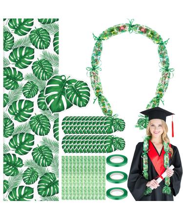 Kisston Graduation Candy Lei Making Kit Hawaiian Candy Lei Kit Includes 12 Pcs Candy Lei Bags 3 Rolls Ribbon 24 Pcs Cards (Green Palm Leaf) Palm Leaf Green