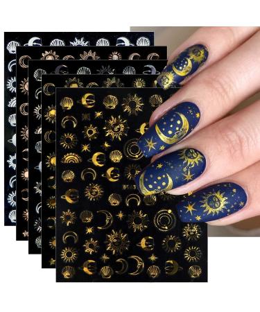 JMEOWIO 10 Sheets Moon Star Sun Nail Art Stickers Decals Self-Adhesive Pegatinas U as Colorful Rose Gold Nail Supplies Nail Art Design Decoration Accessories