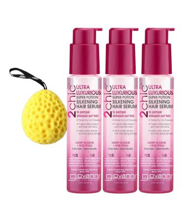 Silkening Hair Serum for Colored Hair Curly Wavy - 2chic Ultra Luxurious Super Potion 2.75 oz - Paraben Free Hair Supplement Bath Sponge Aloe Vera & Pro-Vitamin B5 Pack of 3