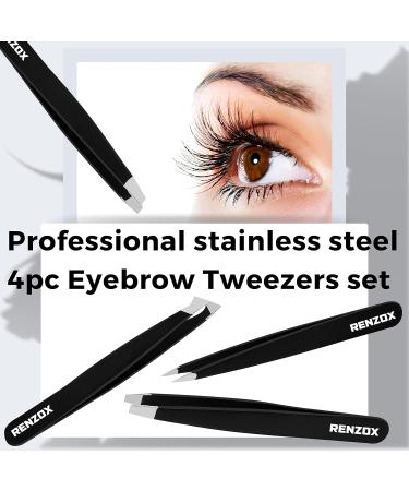 Renzox 4pcs Tweezers for Facial Hair Women & Men Hair Removal Eyebrow Tweezers Professional Stainless Steel Black Color Coated tweezer Set Slanted & Pointed Tip for ingrown Hair with Leather Pouch - Buy Online on GoSupps.com