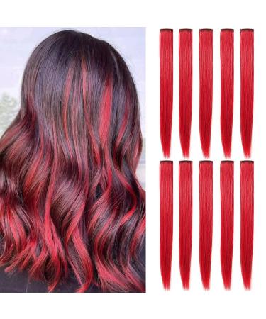 Lskjmo Red Wig Pieces Colorful Party Highlights Clip in Colored Hair Extensions Multicolors Straight Synthetic Hairpieces for Women Girls