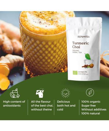 Turmeric Chai Organic 100g (50 Cups) | Ayurveda Herbal Tea with Turmeric Cinnamon Ginger Liquorice and Cocoa REPLANTEA - Buy Online on GoSupps.com