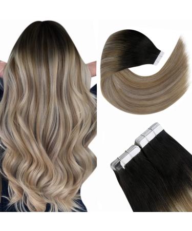 Laavoo 14 inch Seamless Extensions Tape In Hair Cancer Black To Highest Brown and Platinblond Remy Seamless Skin Wefts Tressen 50gr/20PC #1b/10/60 50.8 cm #Bala4/60
