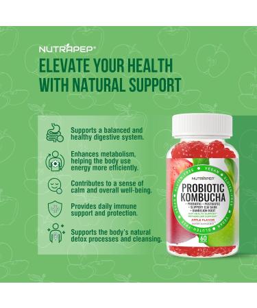 Probiotic Kombucha Gummies - Women Men Probiotic Prebiotic Probiotic Blend for Gut Health Bloating Metabolism Support with Slippery Elm Bark Dandelion Root - Vegan Gluten Free Apple Flavor 60 Count (Pack of 1) - Buy Online on GoSupps.com